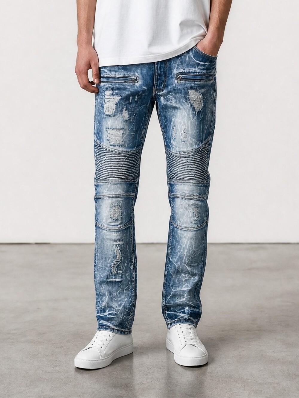 Men's Skinny Distressed Washed Blue Jeans with Ribbed Knee Panels